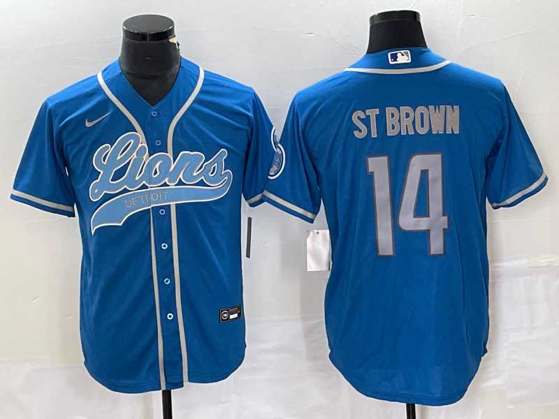 Men's Detroit Lions #14 Amon Ra St Brown Blue With Patch Cool Base Stitched Baseball Jersey
